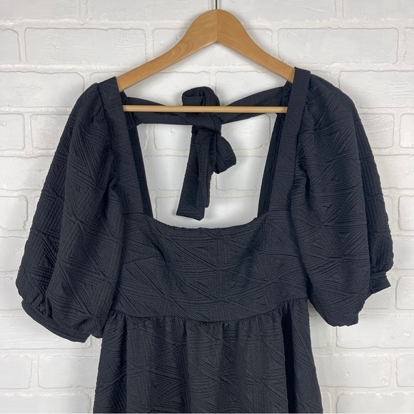 Free People Violet Mini Dress Black Textured Puff sleeve tie back size XS NWT - Picture 5 of 14
